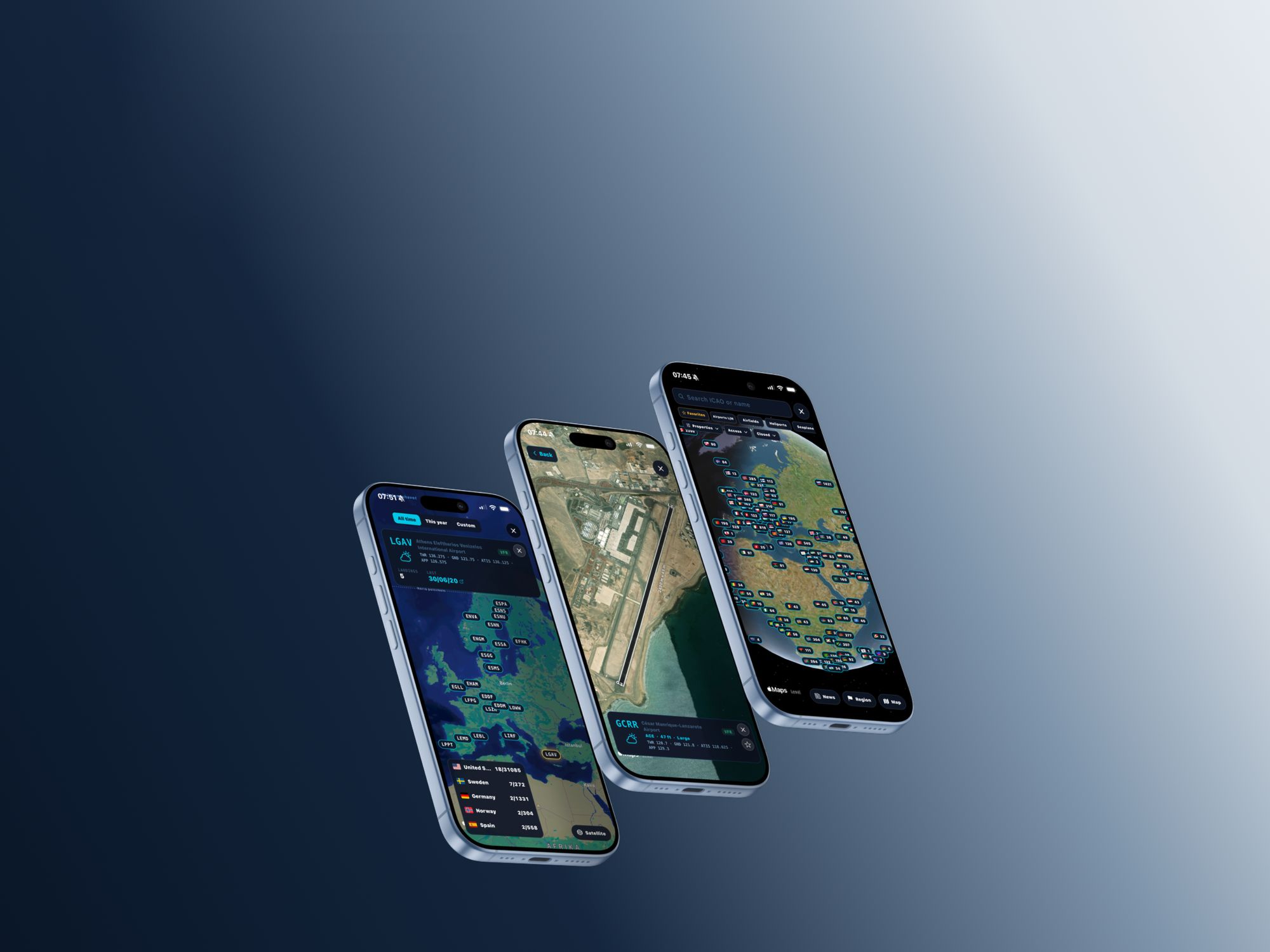 Three iPhones showing the global airport map, a satellite view of a runway and a globe of visited airports.