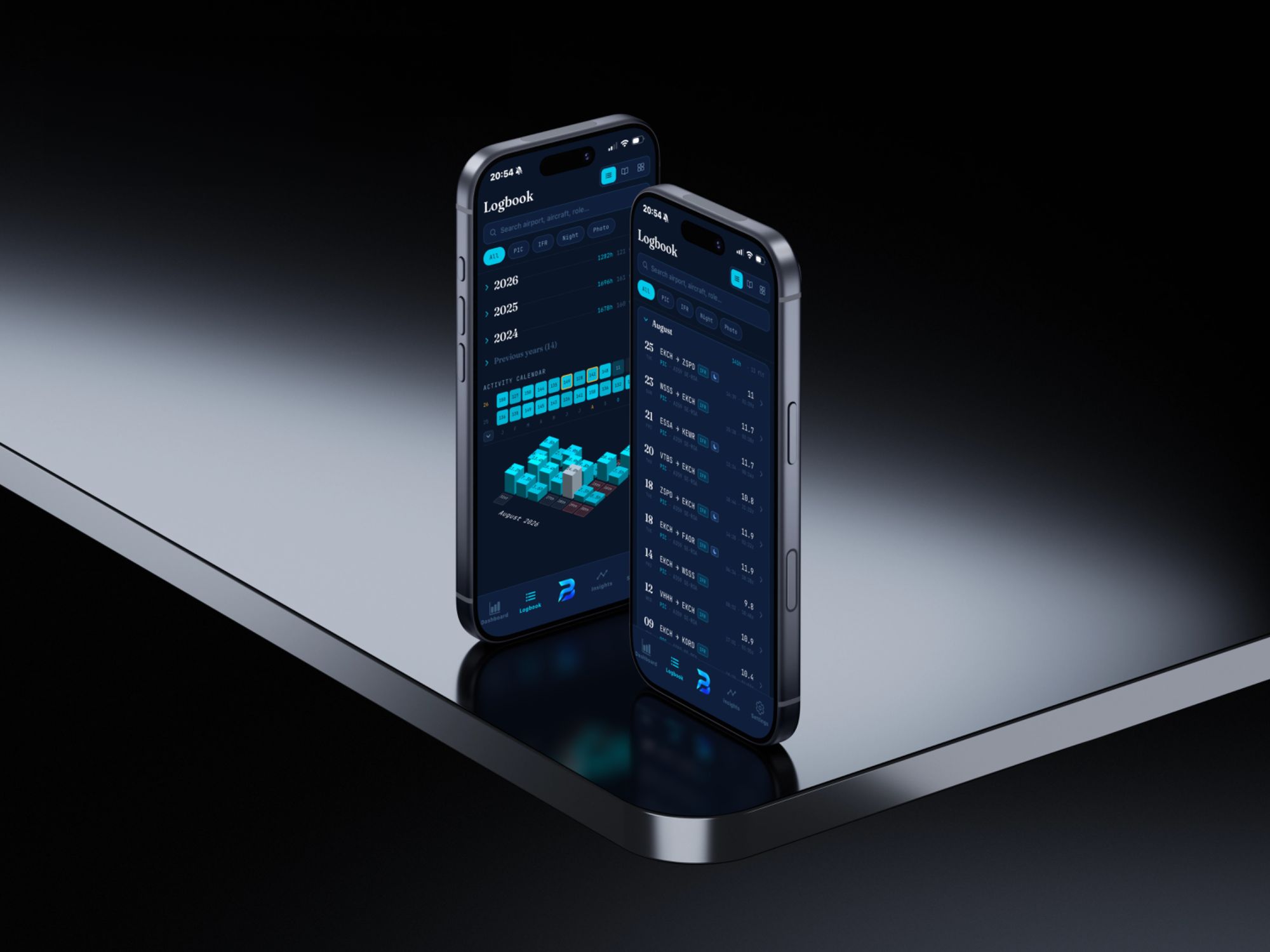 Two iPhones on a glass table showing the logbook by year with an activity calendar, and a list of flights in August.