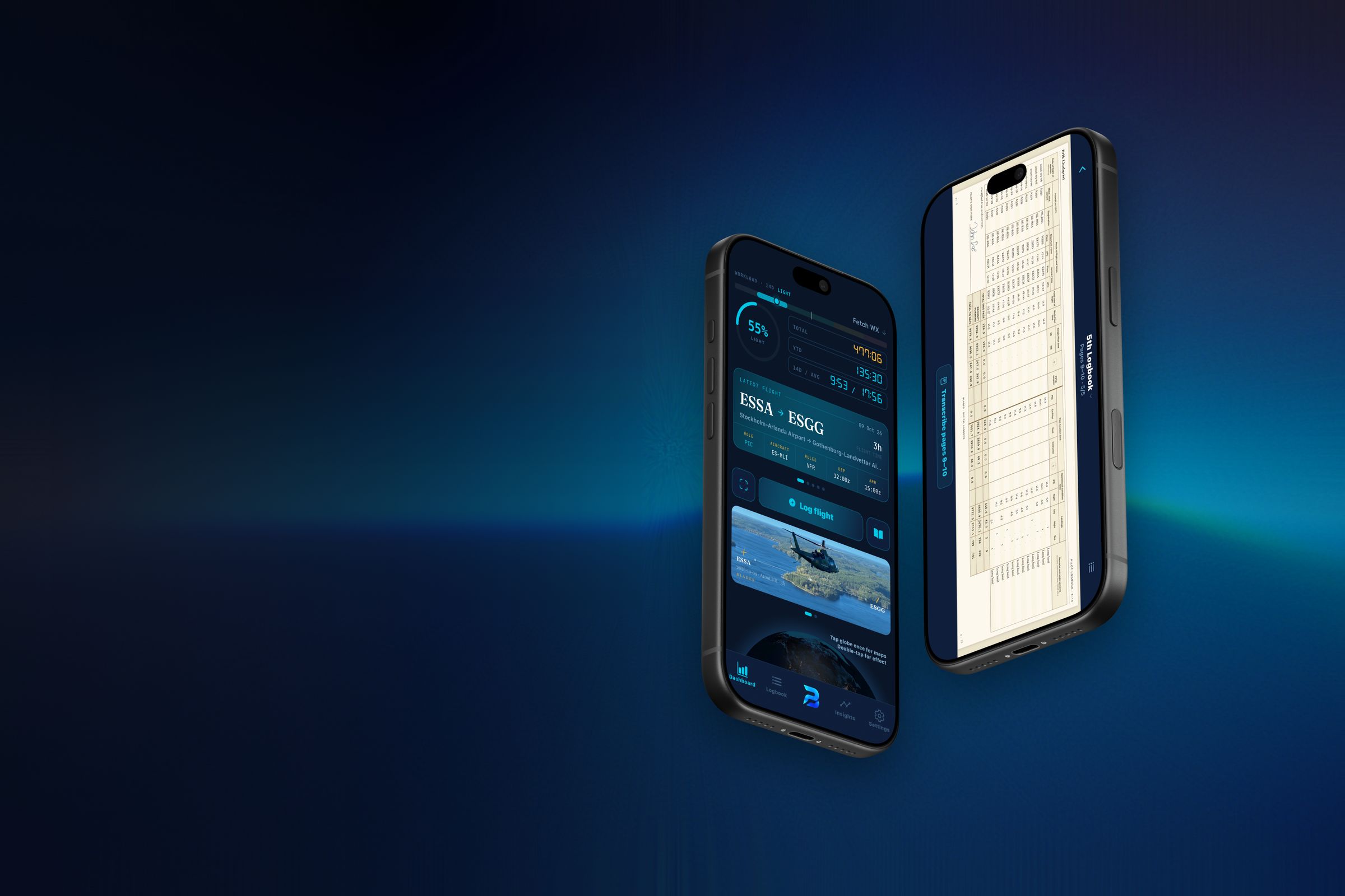 Two iPhones with BLADES: the dashboard with the latest flight, ESSA to ESGG, and a paper-style logbook page.